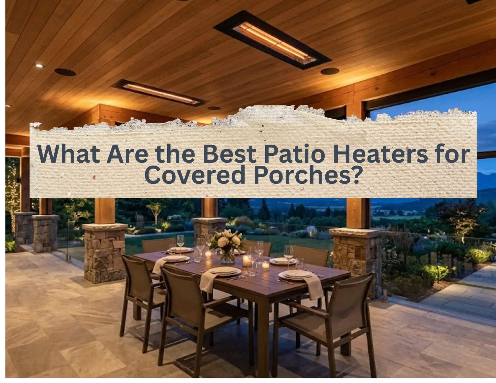 A luxury covered porch loggia at twilight featuring flush-mounted electric patio heaters built into timber ceiling soffits over a modern outdoor dining table.
