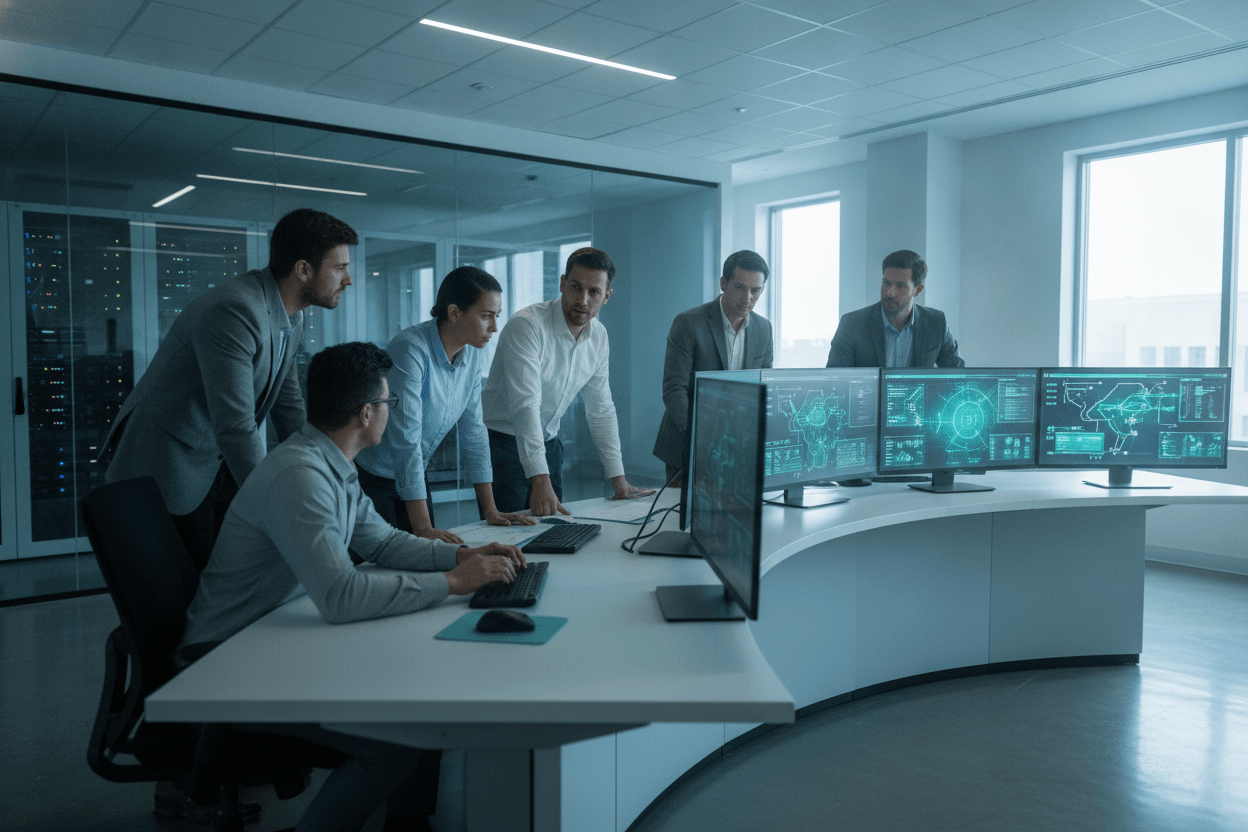 Managed IT services provider team monitoring network dashboards