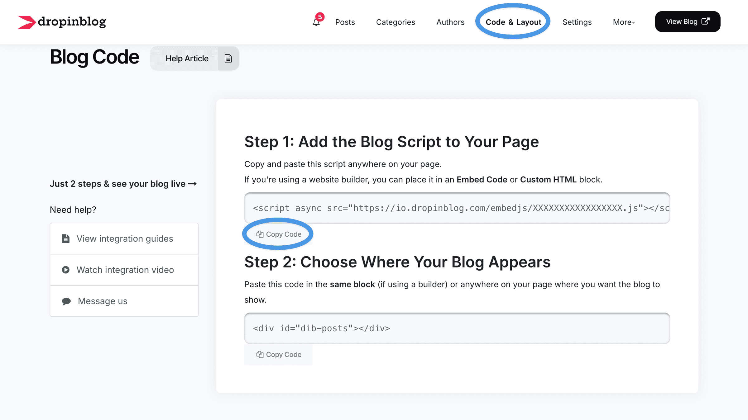 DropInBlog Code & Layout page