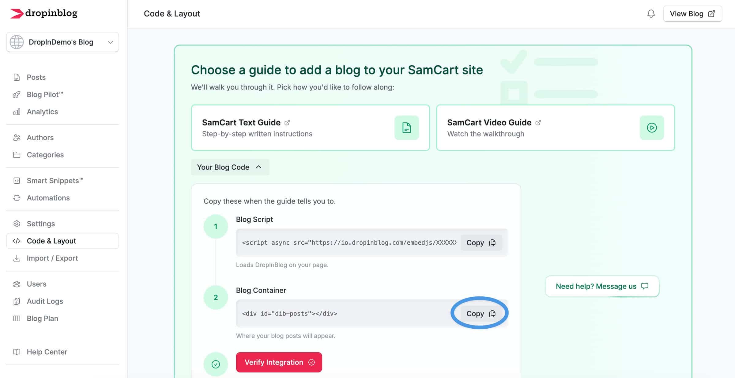 SamCart blog install step