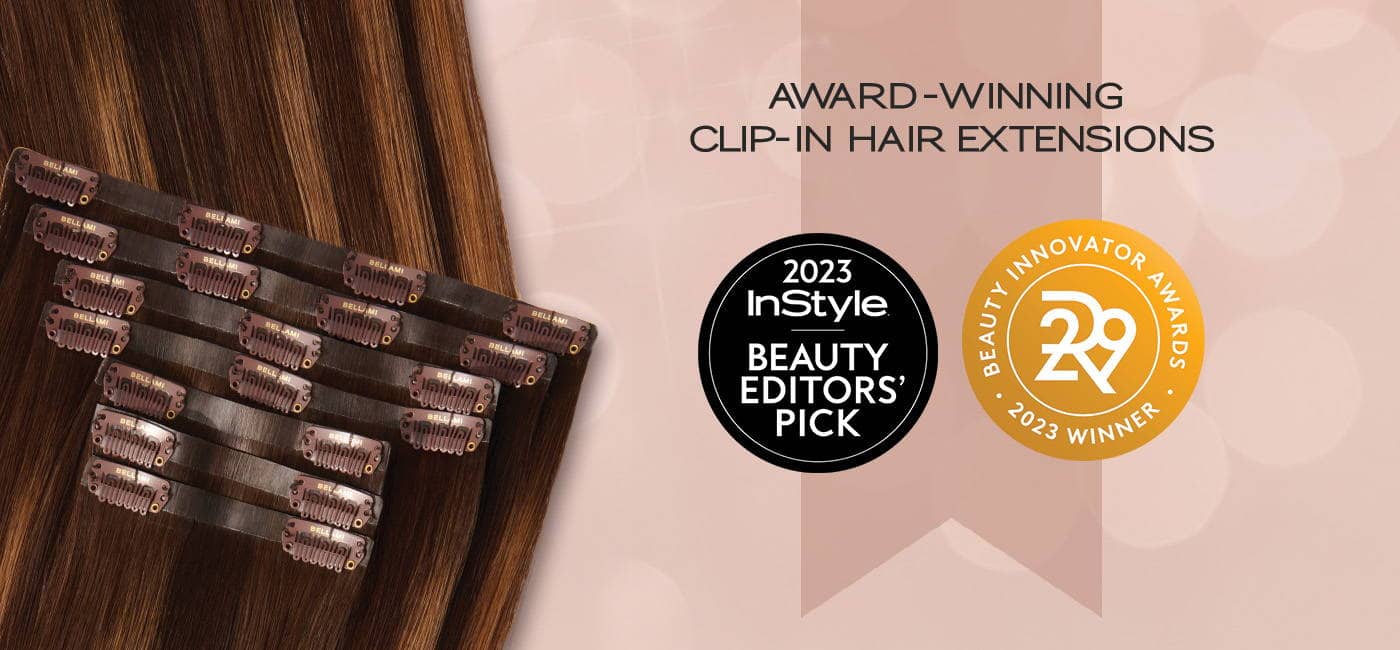 Award-winning clip-in hair extensions with close-up of clips, featuring InStyle and Refinery29 beauty awards.