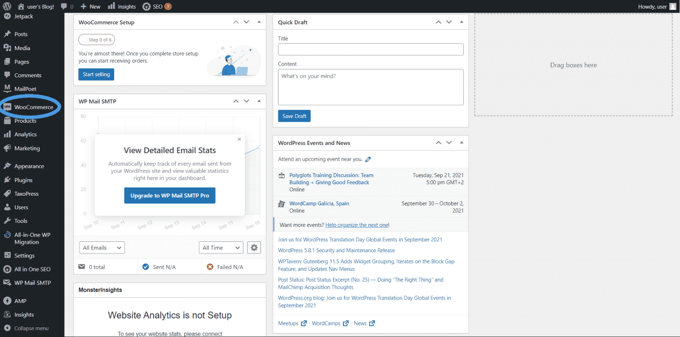 WordPress WooCommerce dashboard