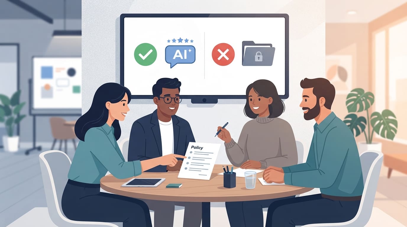 Illustration of a small team reviewing an AI policy together in front of a screen showing approved and restricted AI uses