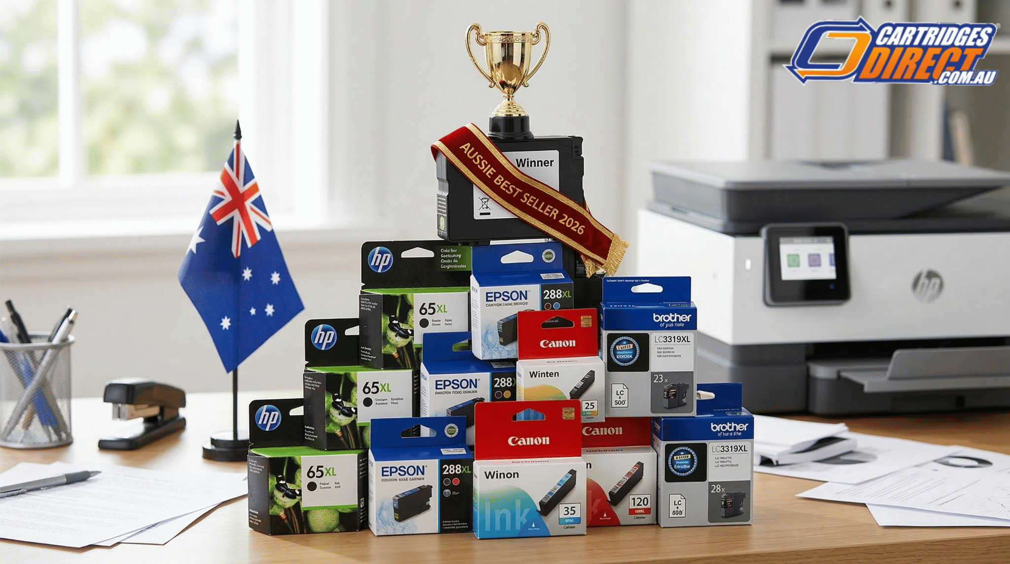 Best-selling ink cartridges stacked in a winning pyramid with a sash and gold trophy on an Australian home office desk.