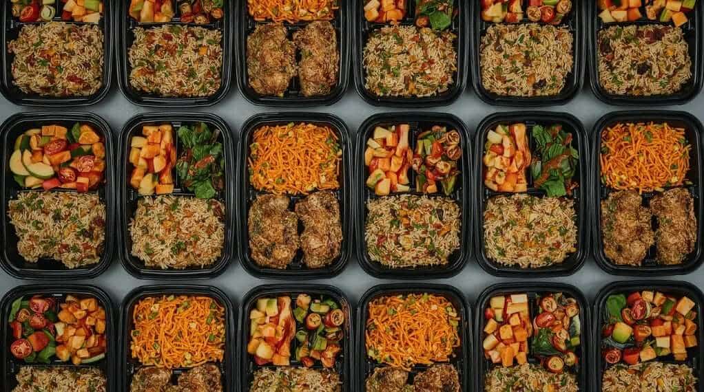 Bulk prepared meals arranged in a grid, filled with rice, seasoned meatballs, roasted vegetables, and noodles from a healthy meal delivery service.