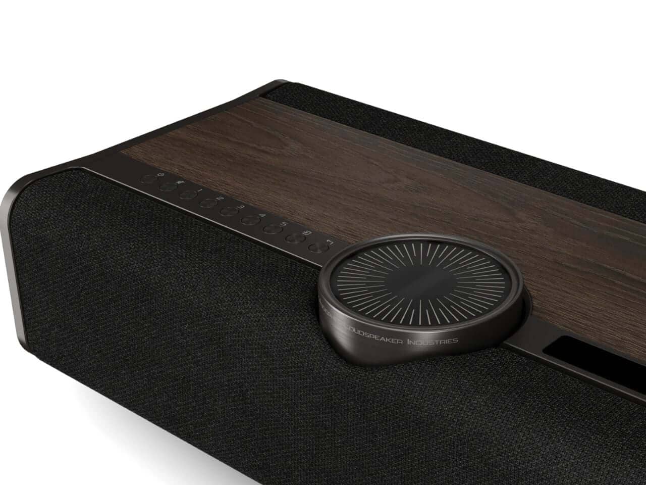 Side view highlighting wood veneer and fabric panels