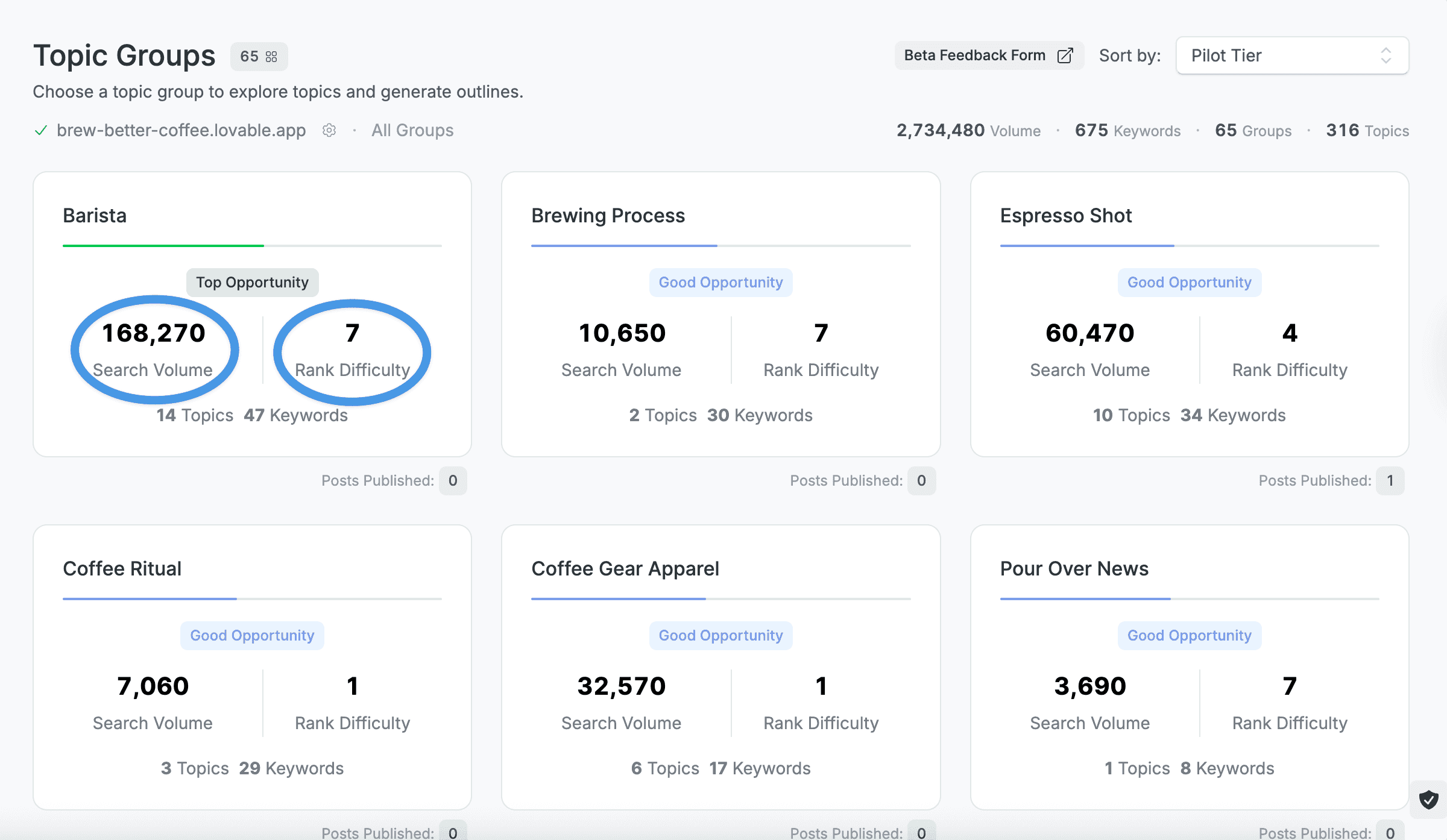 Blog Pilot™ Topic Groups page: Search volume and rank difficulty