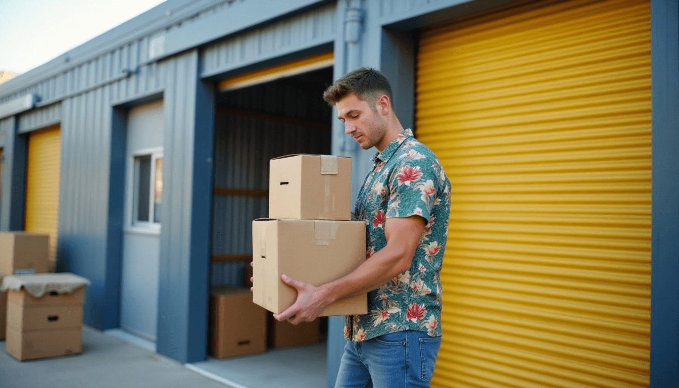 Young man moving into self storage unit in summer