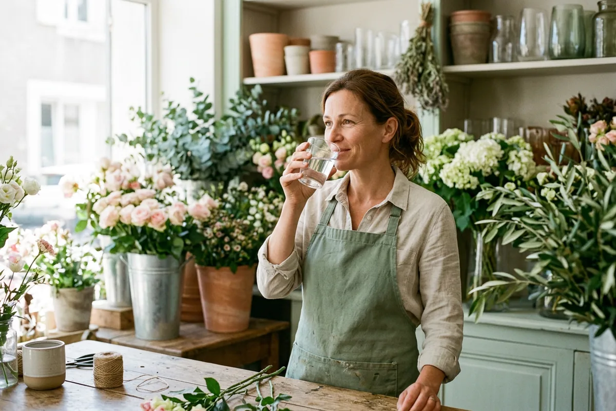 Fleuriste d'une quarantaine d'années qui boit un verre d'eau pendant une pause dans sa boutique