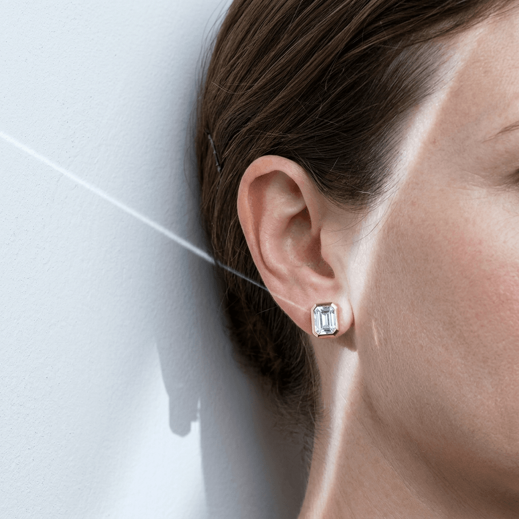 CZ Emerald Cut Bezel Set Stud Earring