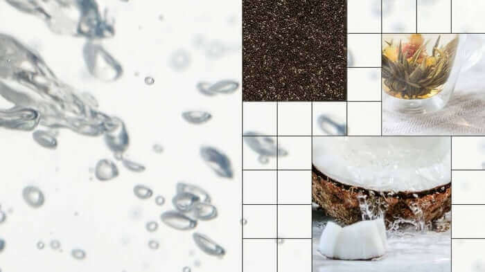 Water droplets and bubbles with natural ingredients including chia seeds and coconut showing hydrating skincare elements