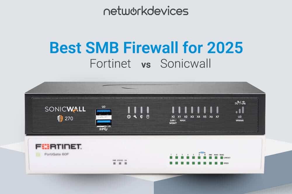 Fortinet FortiGate 60F and SonicWall TZ270 firewalls stacked with text “Best SMB Firewall for 2025: Fortinet vs SonicWall” by Network Devices, comparing top small business firewall options.
