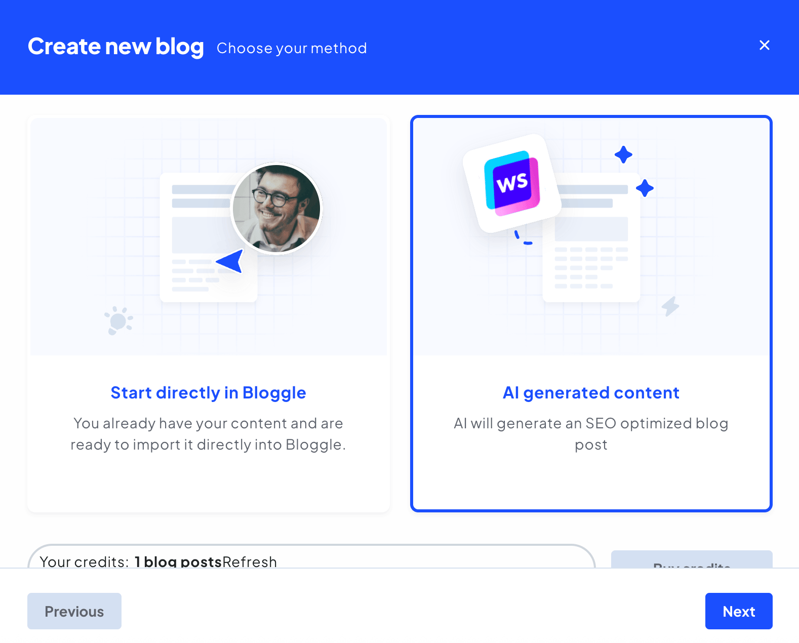 Creating a blog post in Bloggle with AI