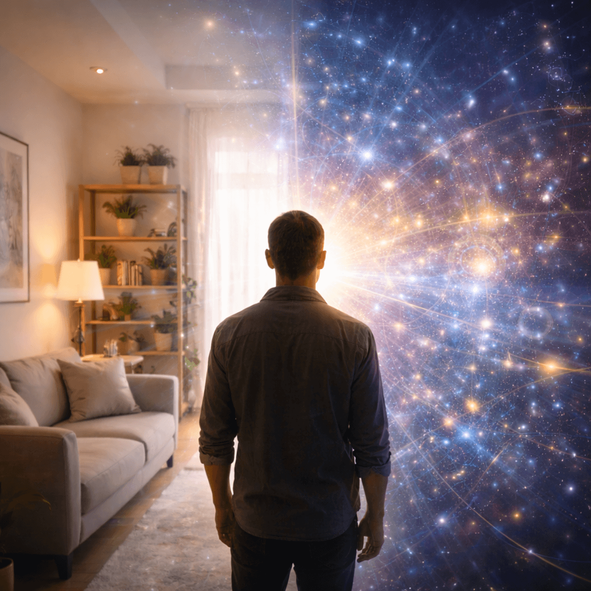 A person standing naturally in an everyday living space while subtle informational light patterns coexist around them, illustrating Being Multidimensional as presence unfolds within ordinary life.