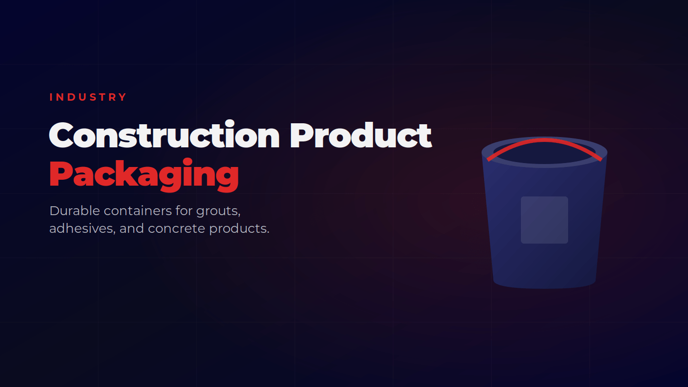 Construction product packaging showing stacked heavy-duty pails with a weight rating and a caulk cartridge