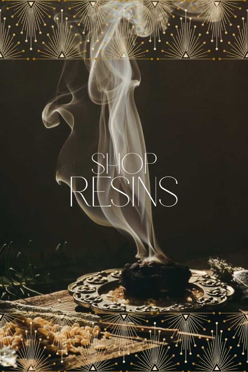 “Shop Resins” text, with frankincense resin burning on an ornate metal dish, the smoke is rising up through the darkness