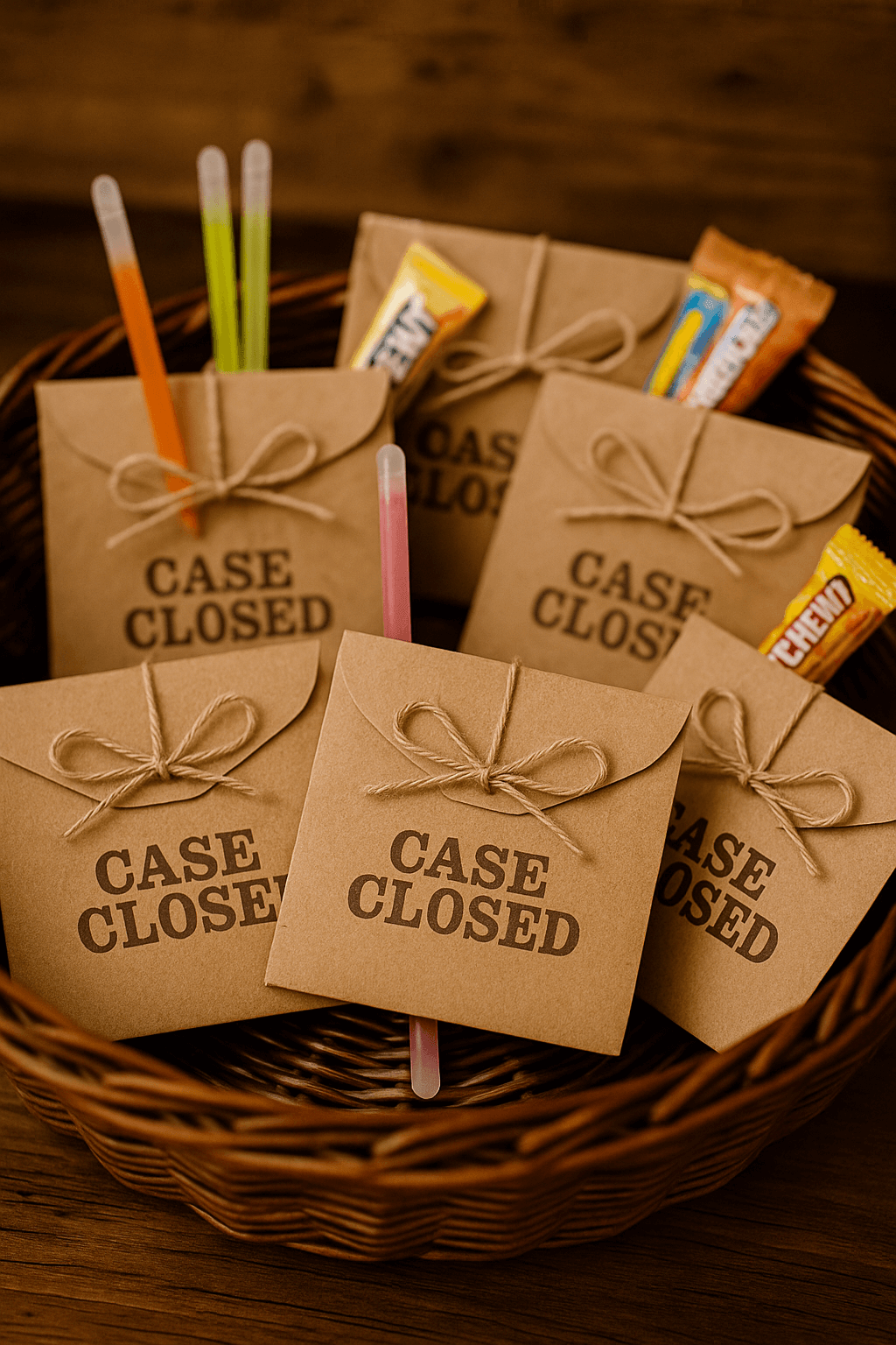 Cute murder mystery party favors - envelopes that say case closed with candy and glow sticks inside.
