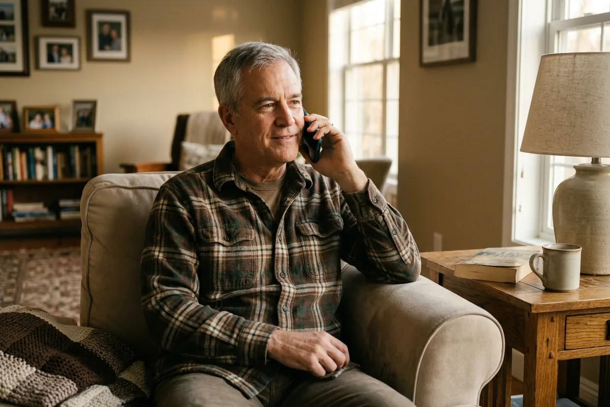 Man in his early sixties sitting on a sofa at home, making a phone call to set up a visit
