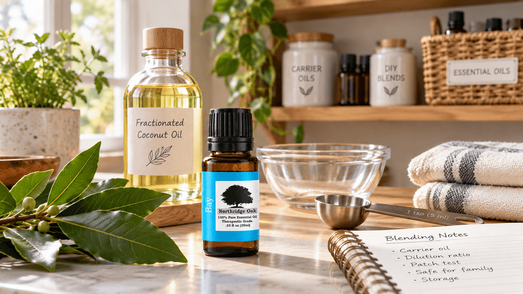 Bay Laurel essential oil with carrier oil and measuring tools at an organized home mixing station