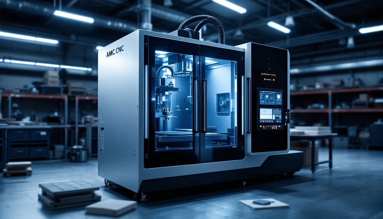 The image depicts a modern CNC machine equipped with integrated adaptive control sensors, showcasing advanced adaptive machining techniques. This machine tool is designed for optimal performance, utilizing real-time feedback to adapt to changing conditions during the machining process, ensuring precision and accuracy in producing complex part geometries.