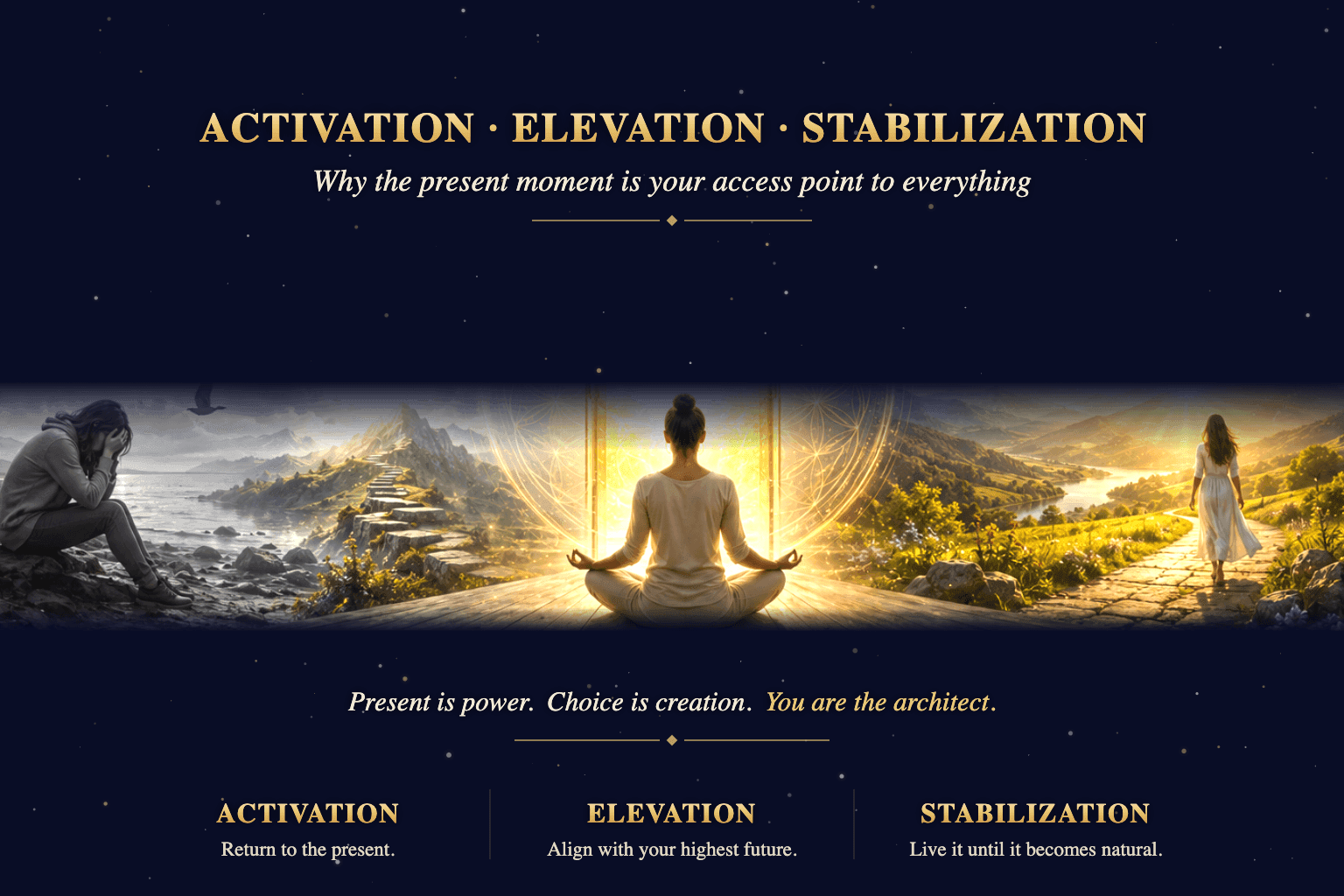Present moment manifestation illustrated as a glowing doorway between the hurt, high, and holy versions of self