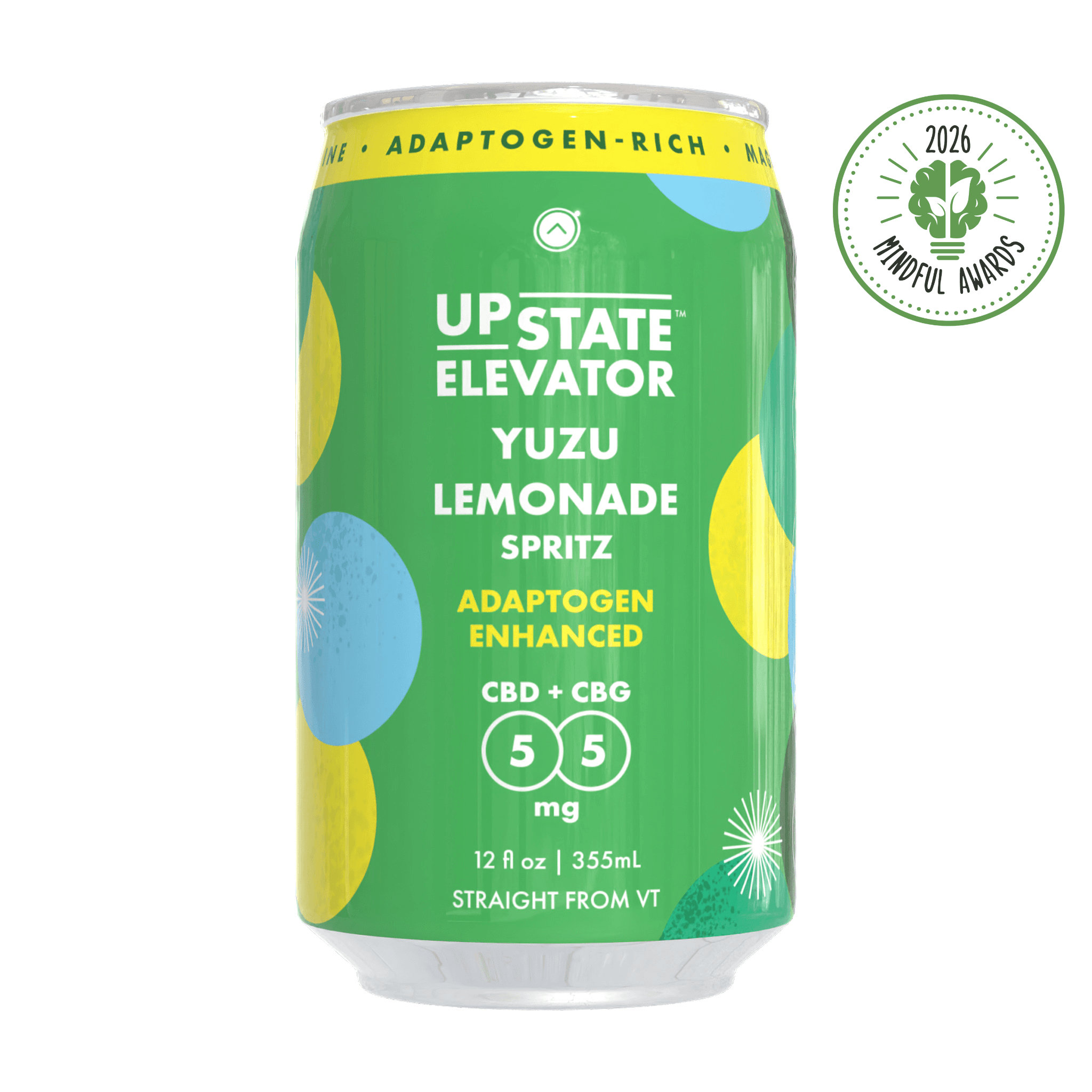 Upstate Elevator CBD+CBG Yuzu Lemonade Spritz can with 5mg CBD and 5mg CBG on the label