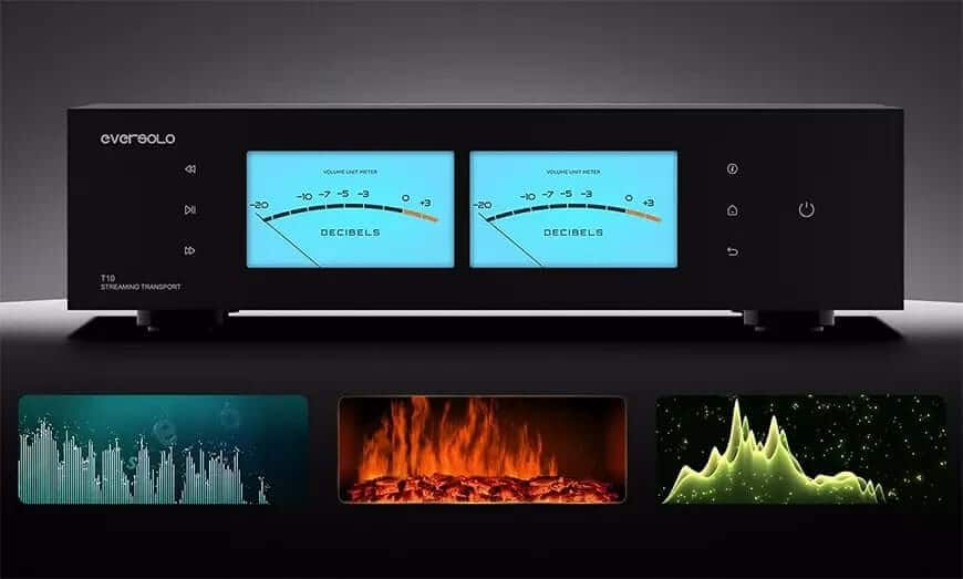 Front panel highlights the large touchscreen display and sleek design of the Eversolo T10