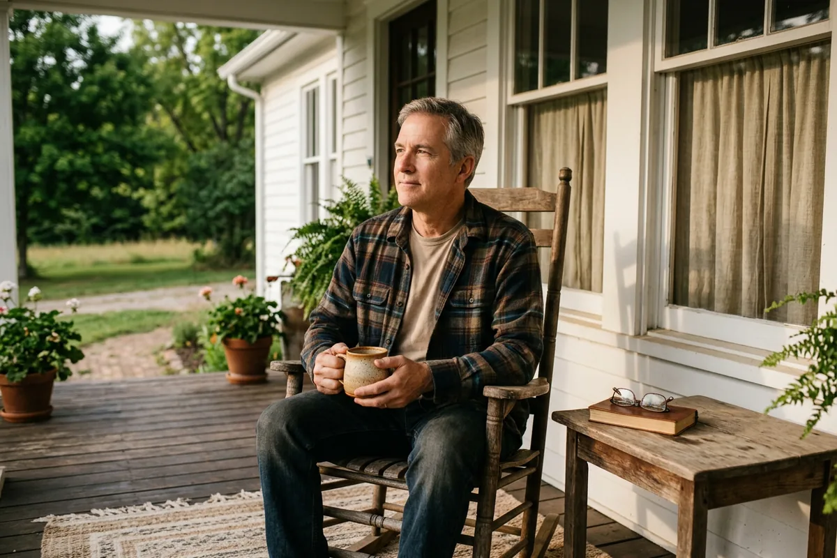 Man in his late fifties drinking a cup of roasted chicory tea on his front porch in the morning