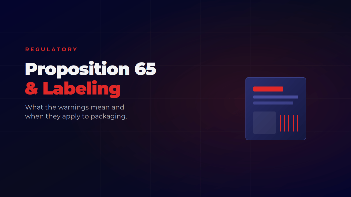 Proposition 65 packaging label with a warning symbol and a California state outline