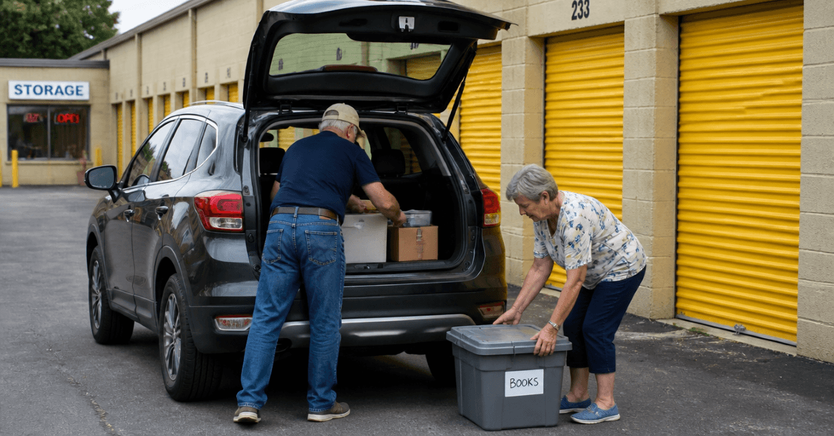 Older couple unloading boxes and bins from the trunk of their car parked in front of yellow drive-up storage units as they prepare for their move to the best states to retire in