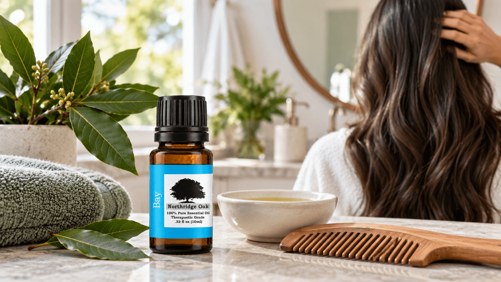 Bay Laurel essential oil with a wooden comb and carrier oil in a bright hair-care setting