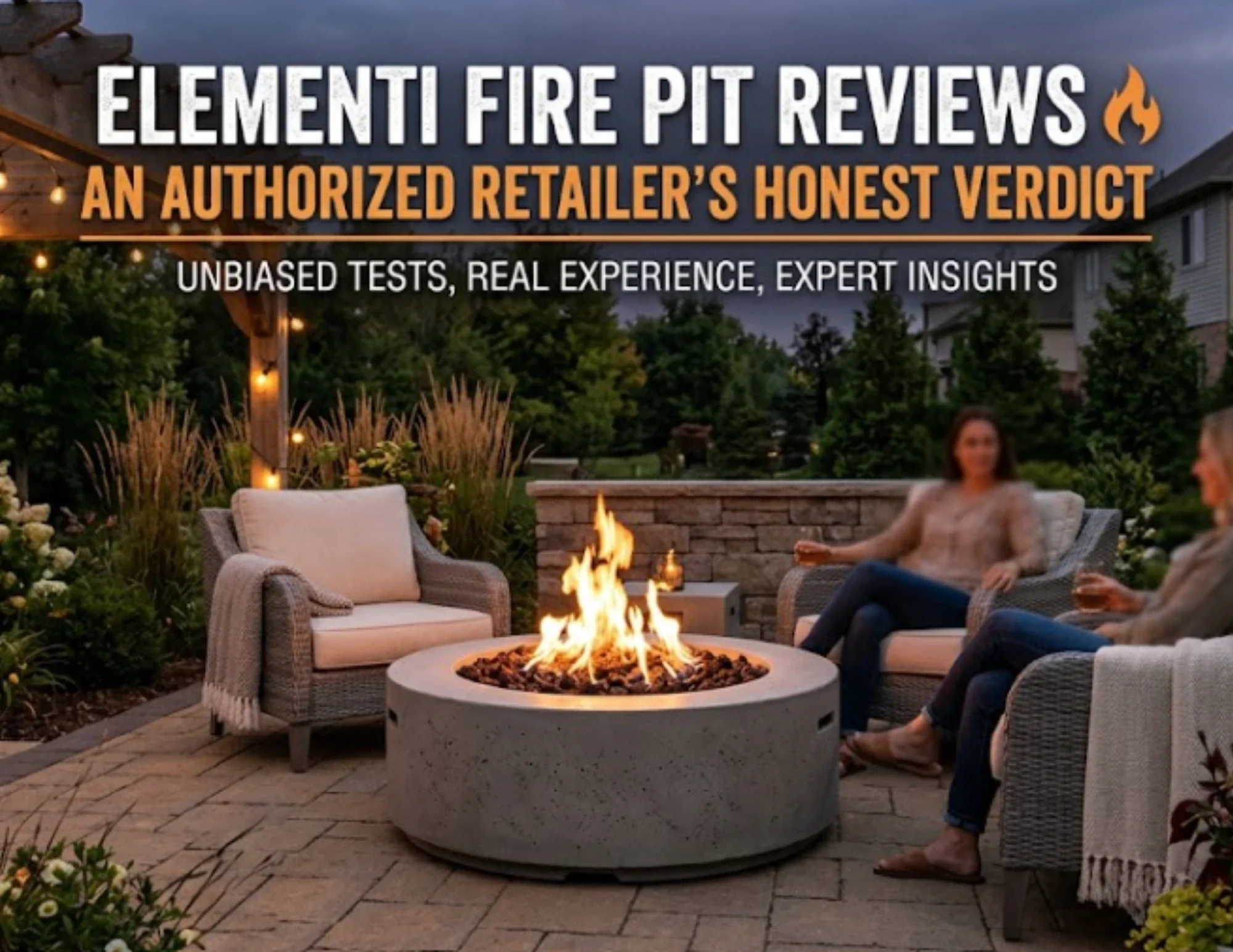 Elementi fire pit reviews cover guide showing luxury concrete fire table with flame on an outdoor patio.