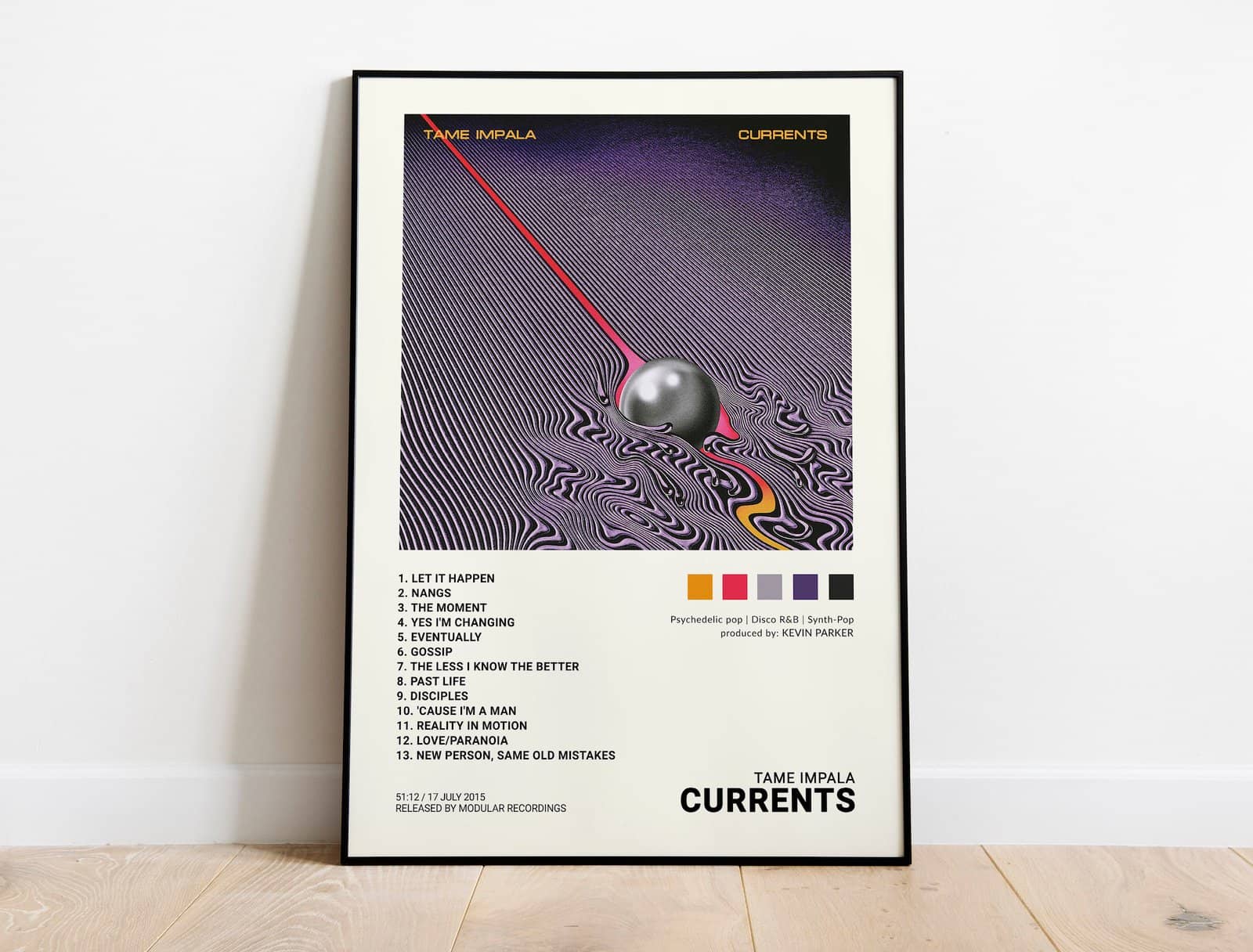 Product illustration mockup of the Tame Impala Currents tracklist poster