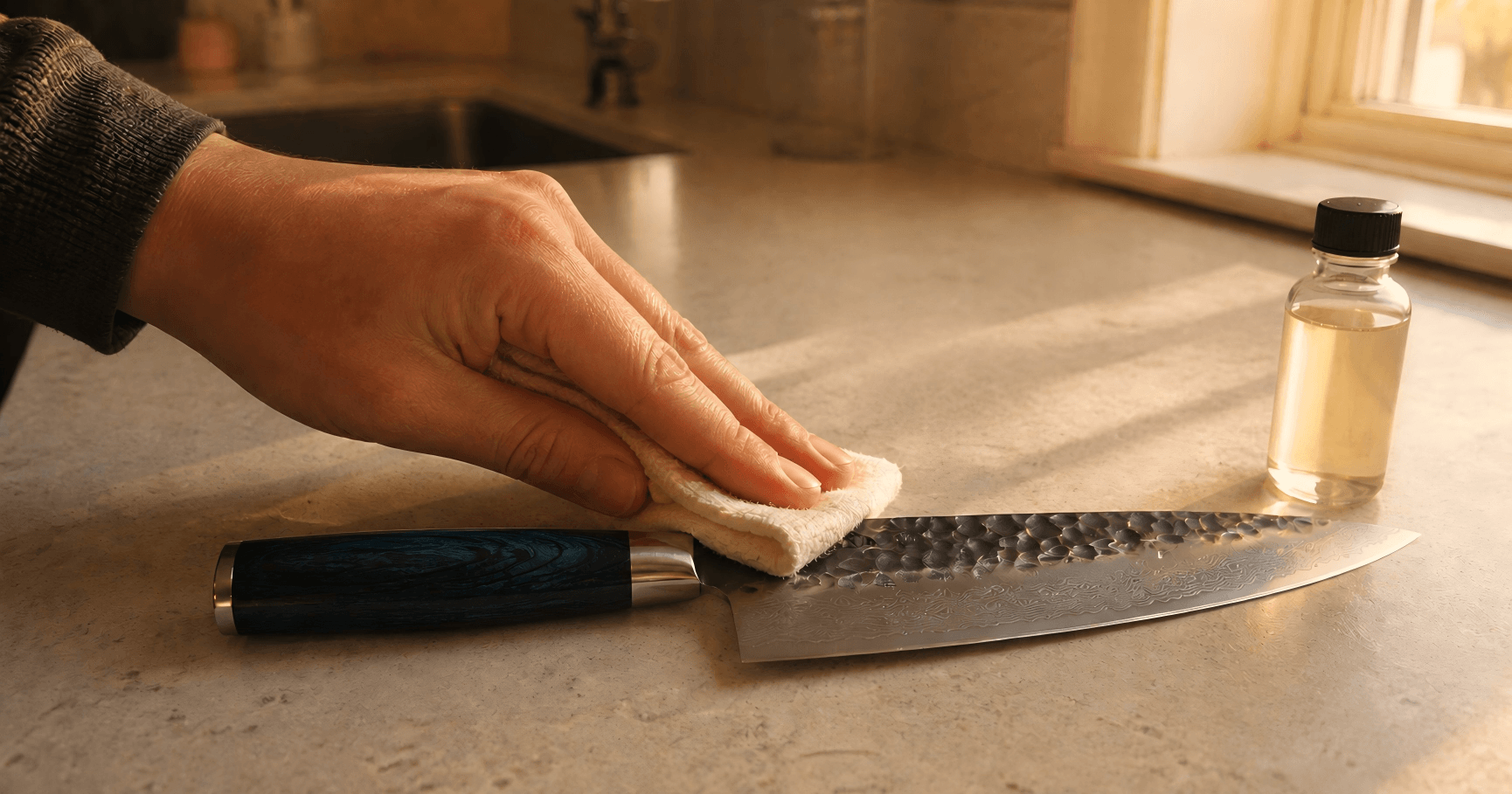 Applying food-grade mineral oil to a Damascus kitchen knife