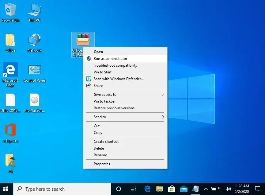 Running the Microsoft Office 2024 installer as administrator in Windows