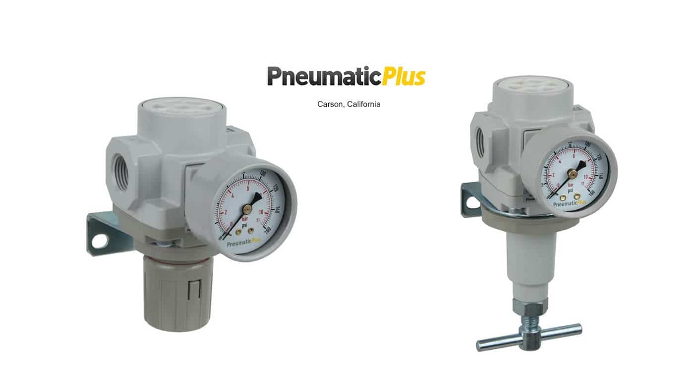 Standard knob vs. T-handle air pressure regulators side-by-side comparison showing different adjustment styles for compressed air systems.
