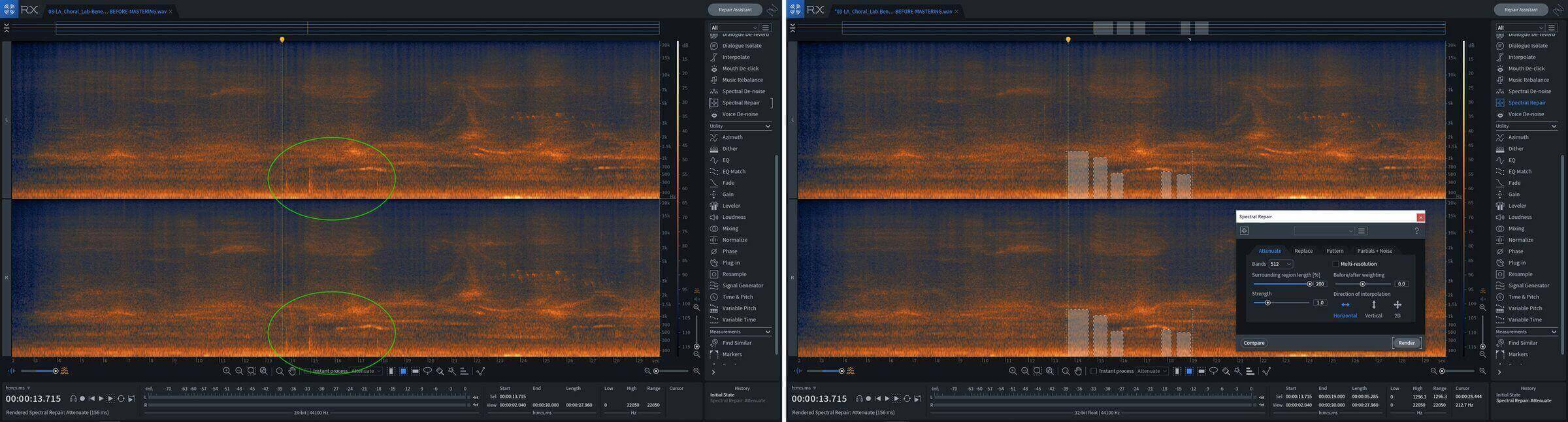 Removing some room noise with Spectral Repair in RX, before and after