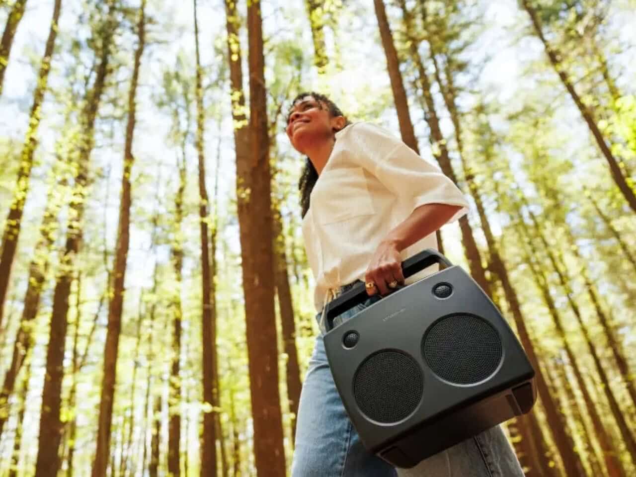 Rear and side details of the FreePlay portable hi-fi speaker