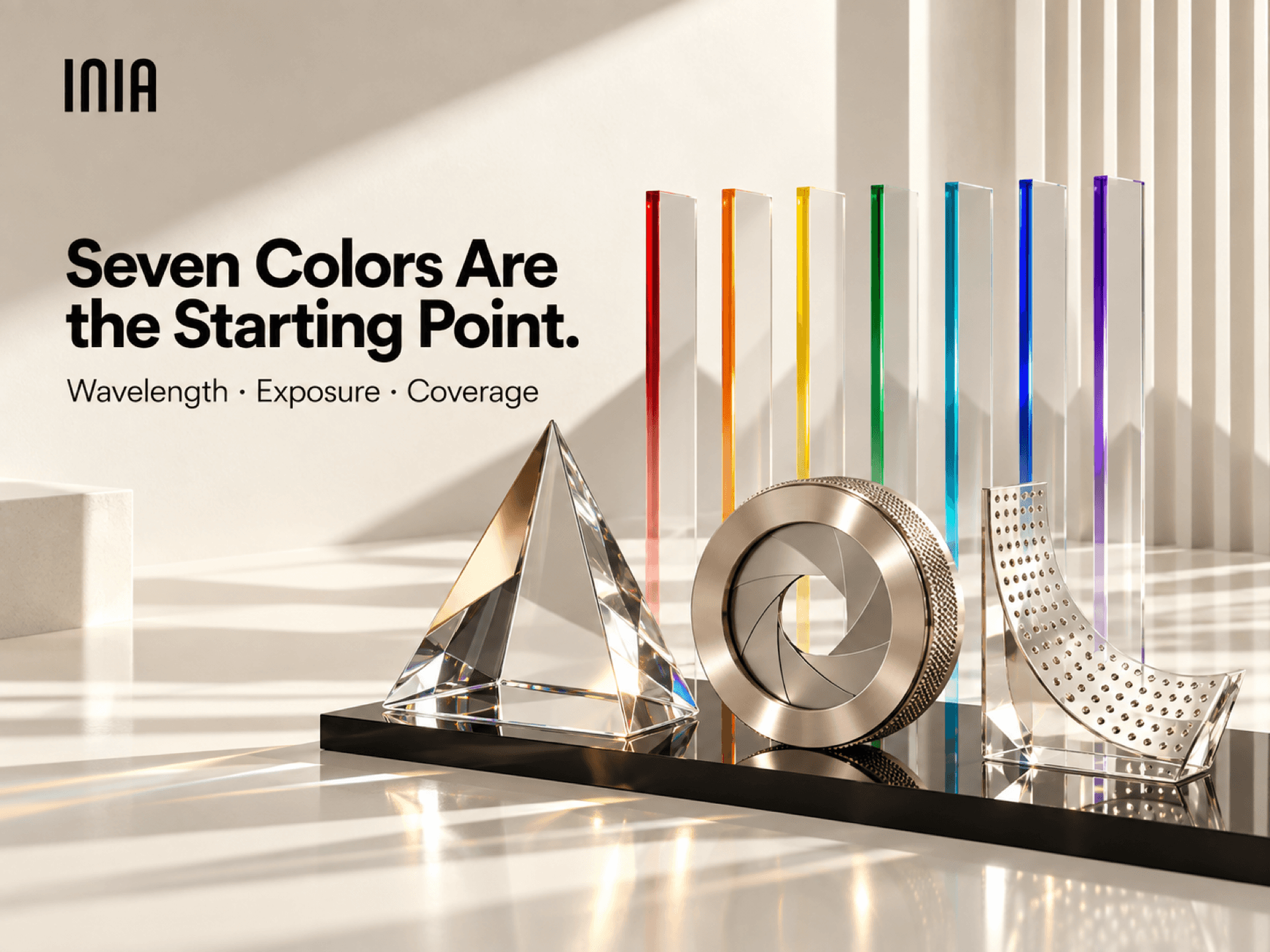 Seven colored light bars representing the wavelength choices in an LED face-mask routine