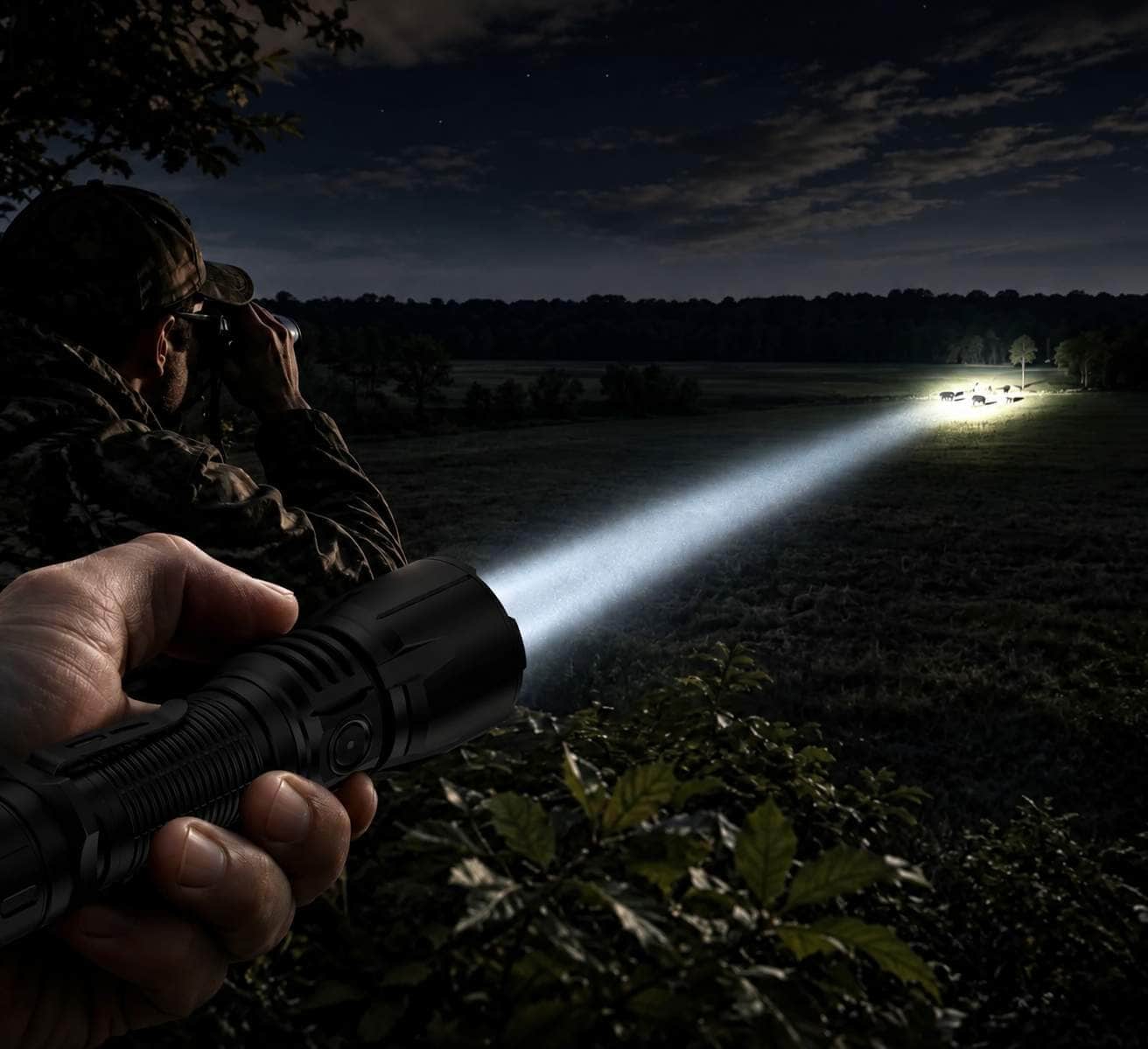 long-throw white hunting flashlight beam scanning an open field at night