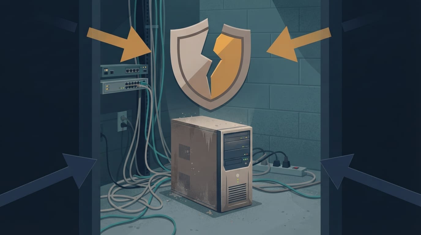 Illustration of an aging office server under a cracked security shield, representing the risks of running a server past Windows Server 2016 end of life