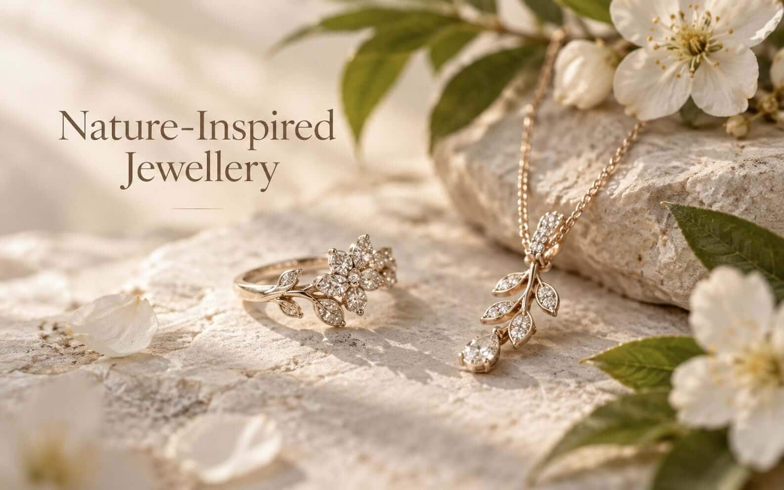Nature-Inspired Jewellery: a floral ring and leaf pendant on pale stone beside white blossom.