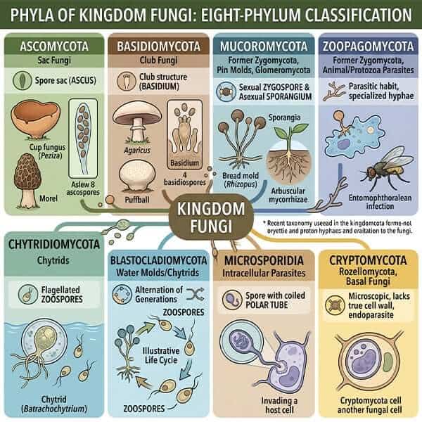 Phyla graphic: eight phyla Kingdom Fungi Ascomycota Basidiomycota classification