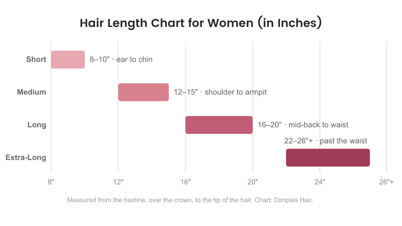 Hair length chart for women showing four categories as horizontal bars on an inch scale: short 8 to 10 inches at ear to chin, medium 12 to 15 inches at shoulder to armpit, long 16 to 20 inches at mid-back to waist, and extra-long 22 to 26 plus inches past the waist.