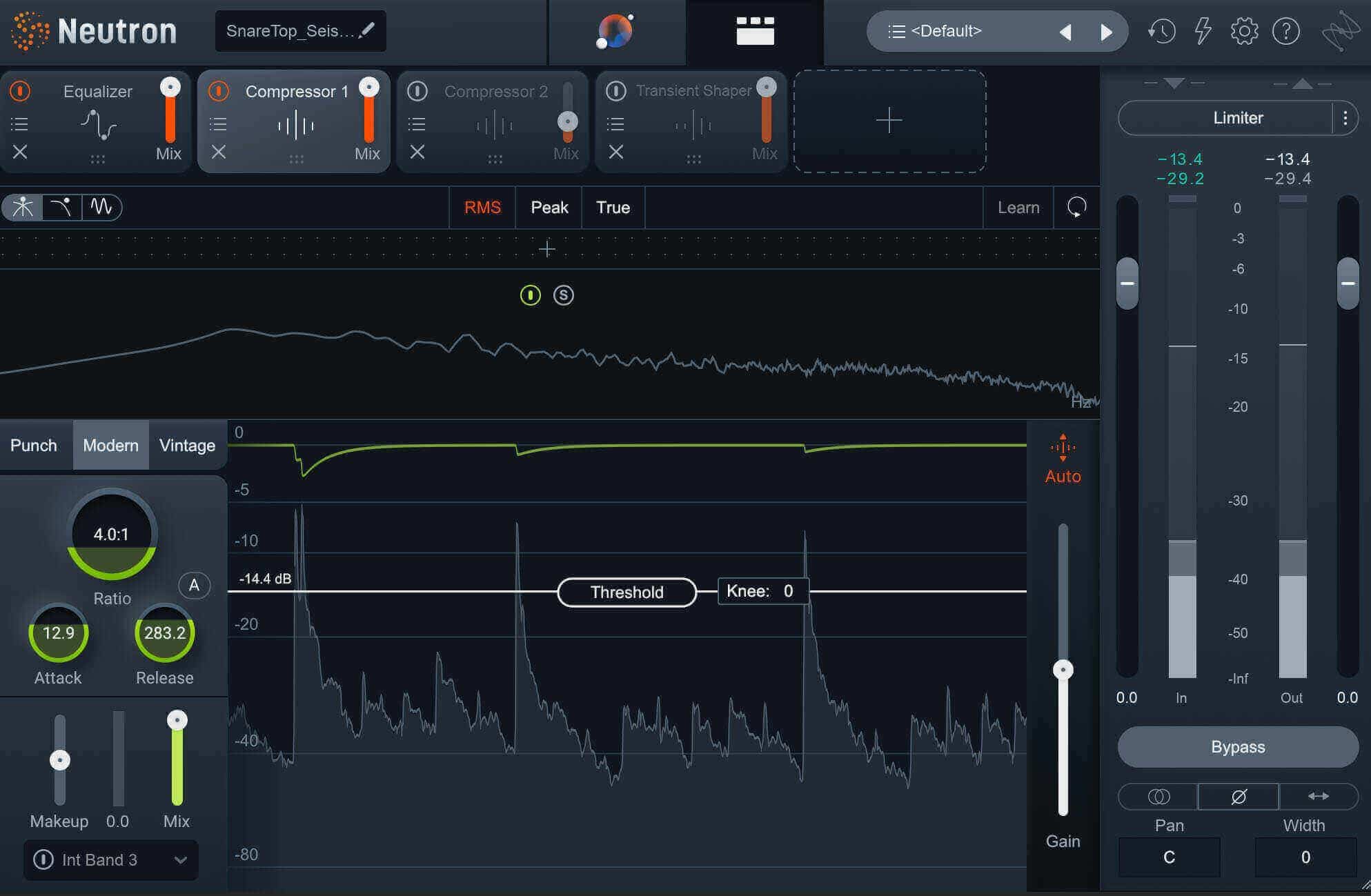 Using compression on the snare drum to even out dynamic variances with Neutron