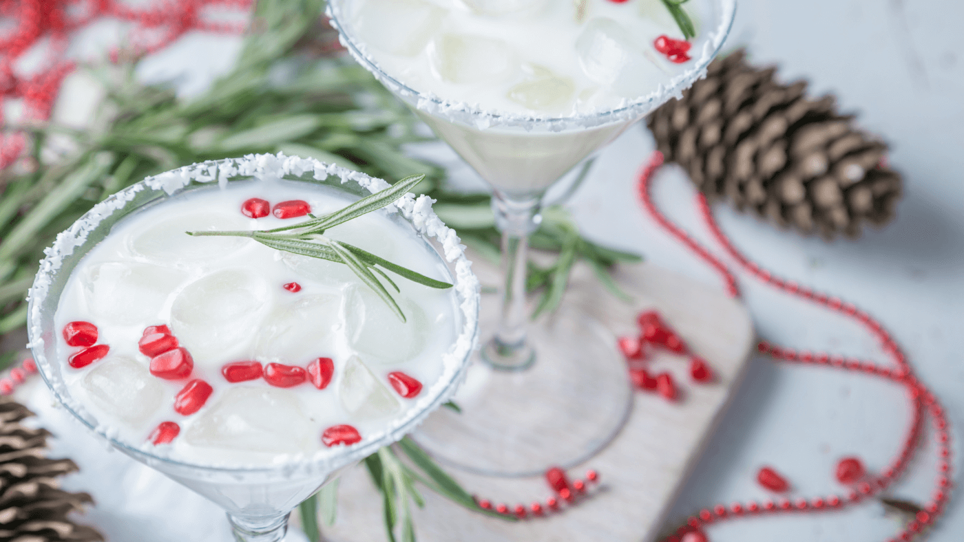 White Christmas Cocktail with Pomegranate and Rosemary