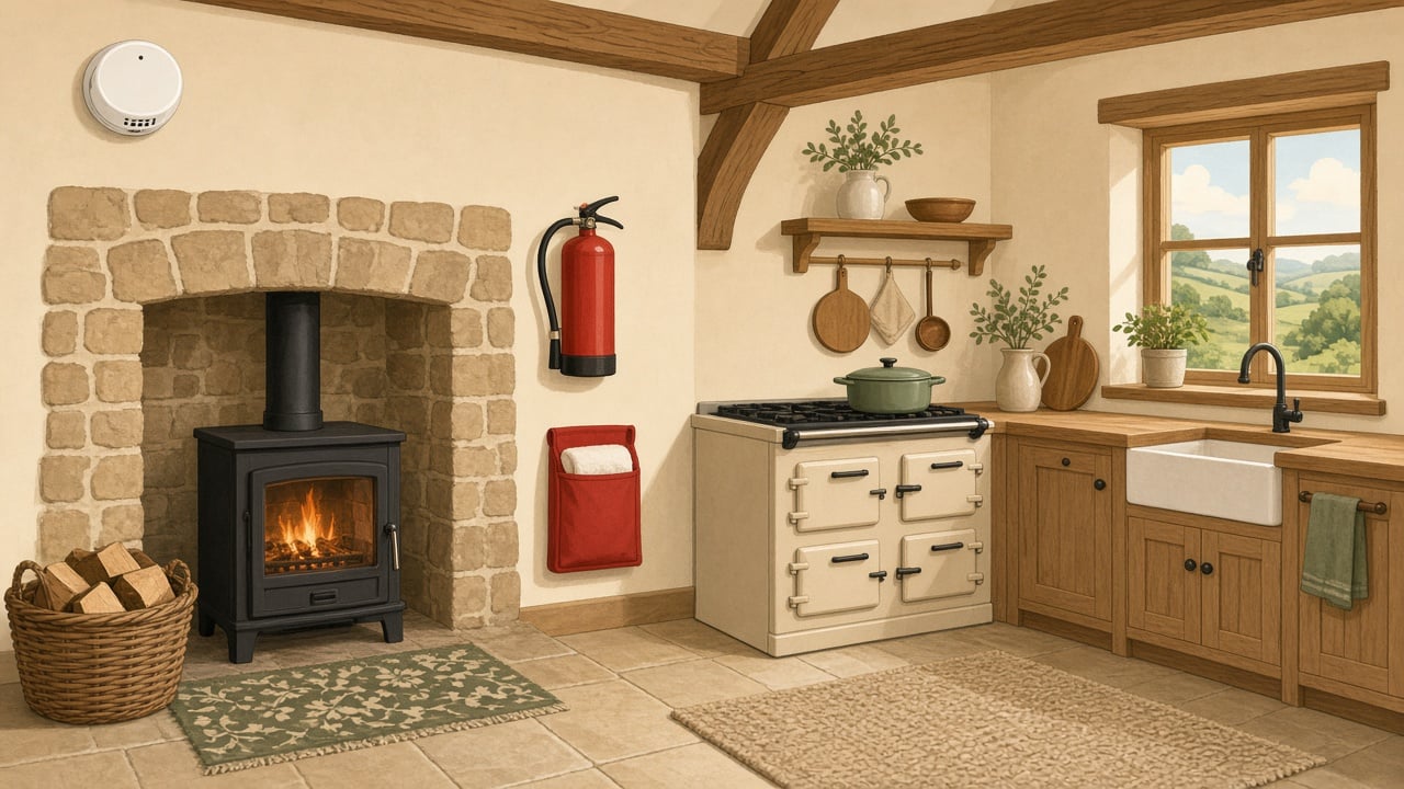 Fire risk assessment holiday let: smoke alarm, fire extinguisher and fire blanket in a holiday cottage kitchen in England