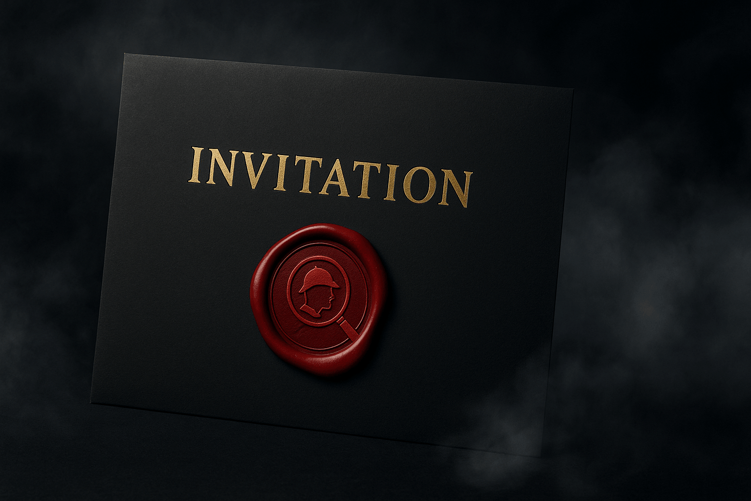 A black envelope with a red wax seal embossed with a mysterious image.