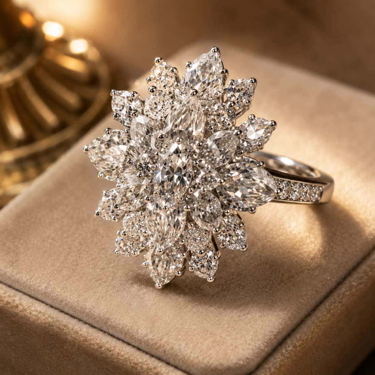 A diamond cluster ring showing how sparkle and shape can create cocktail-ring presence