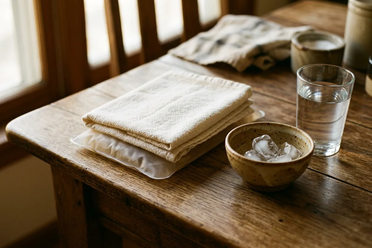 Ice pack wrapped in a thin cotton cloth on a wooden table beside a glass of water